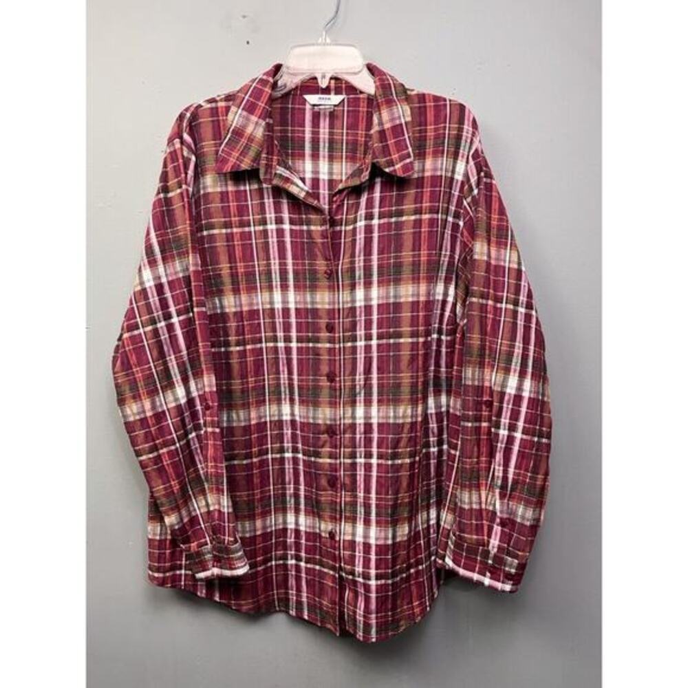 Alia Womens Blouse Top Plus Size 22W Plaid Button front Roll tab sleeves Stretch